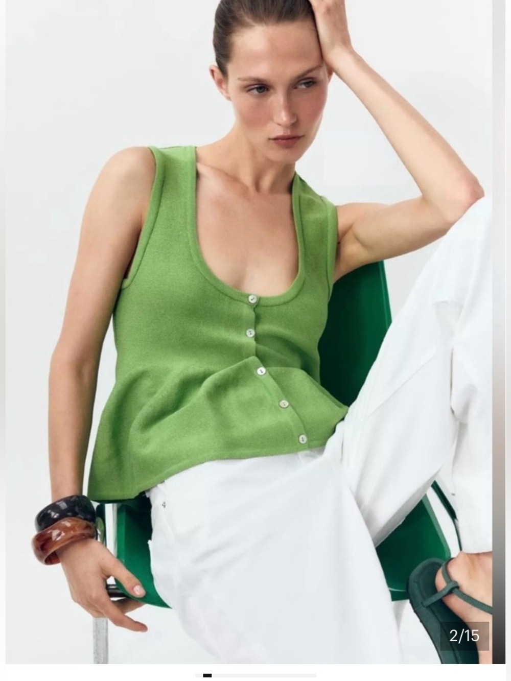 NWT Zara Chartreuse Green Sleeveless Knit Button Front Peplum Top Size S - Picture 2 of 16